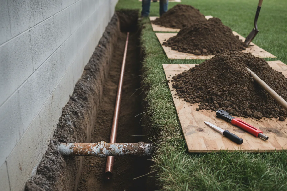 Excavated water line trench during Sewer Line Repair in District Heights